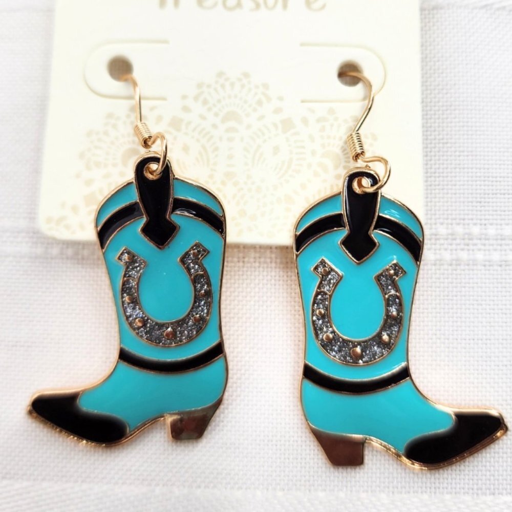 TREASURE Turquoise Lucky Horseshoe Cowboy Boot Earrings NWT